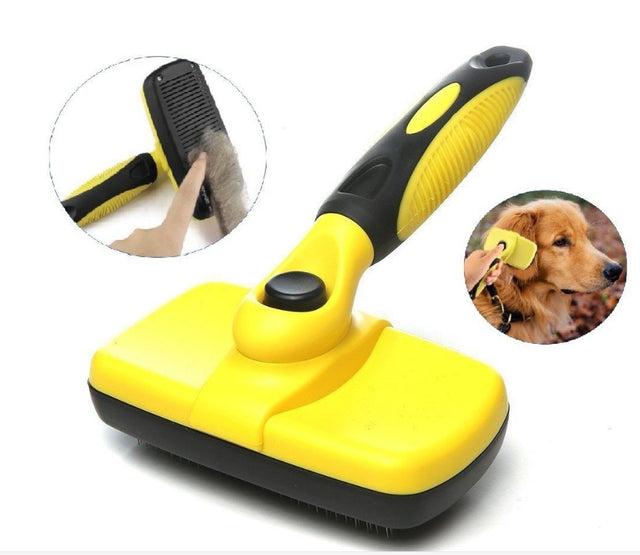 Yellow self-cleaning slicker brush with hair-removal button