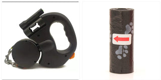 Black dual retractable dog leash with one waste-bag roll