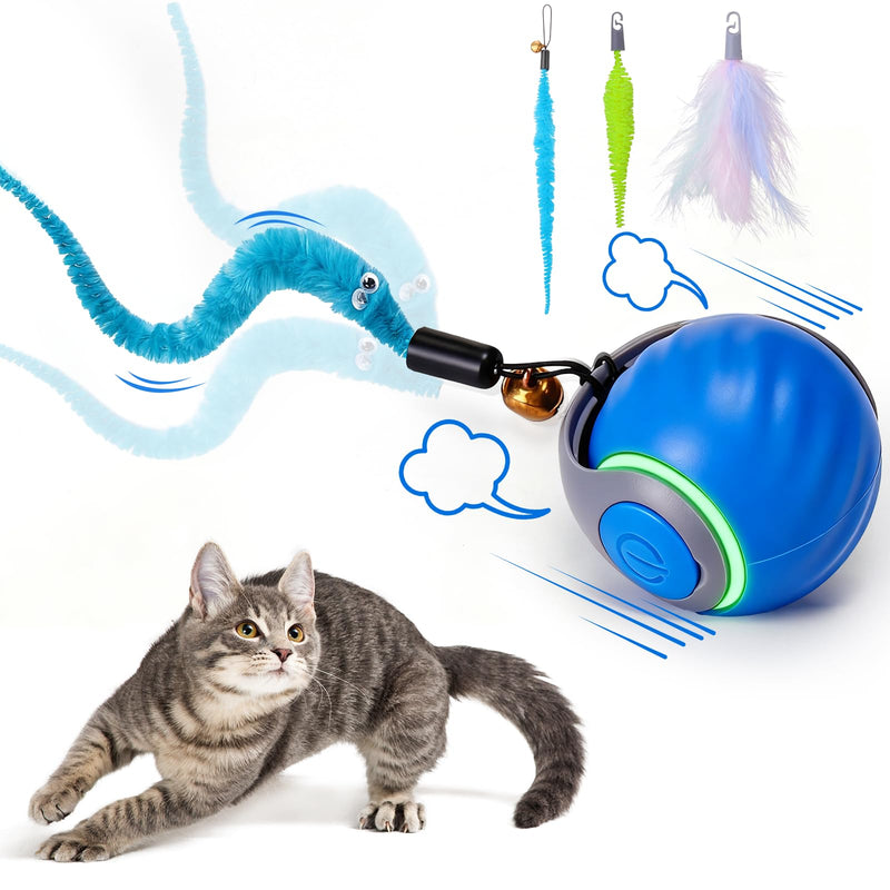 Blue interactive cat toy ball with colourful tail attachments