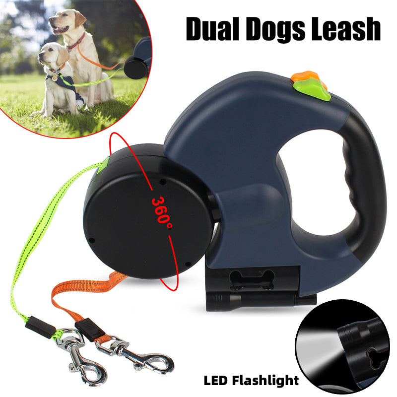 Black dual retractable dog leash with flashlight and two lead clips
