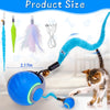 Blue interactive cat ball with illustrated ball size