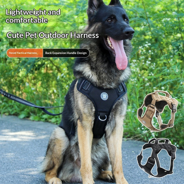 German Shepherd wearing an adjustable dog harness, with Black and Khaki colour options