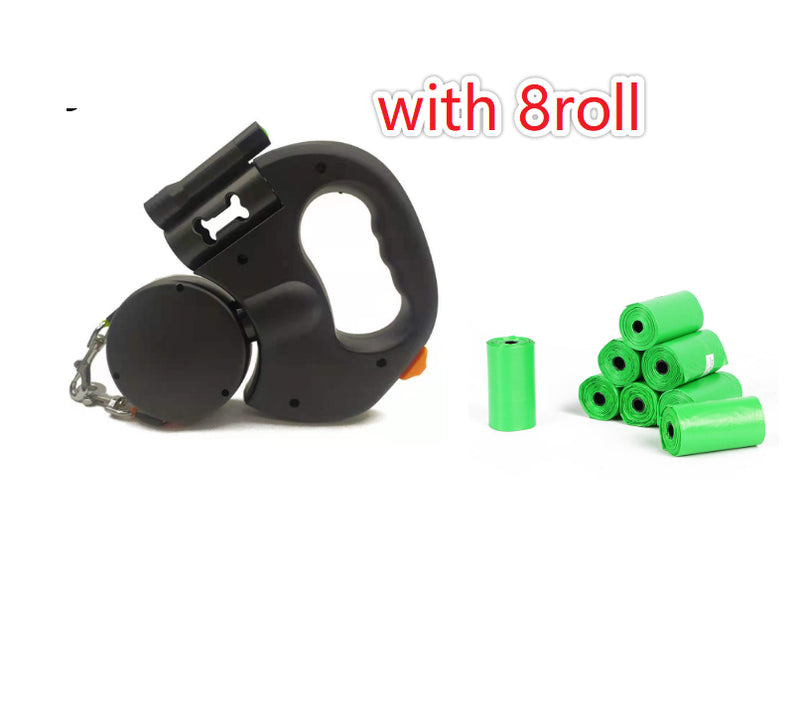 Black dual retractable dog leash with eight waste-bag rolls
