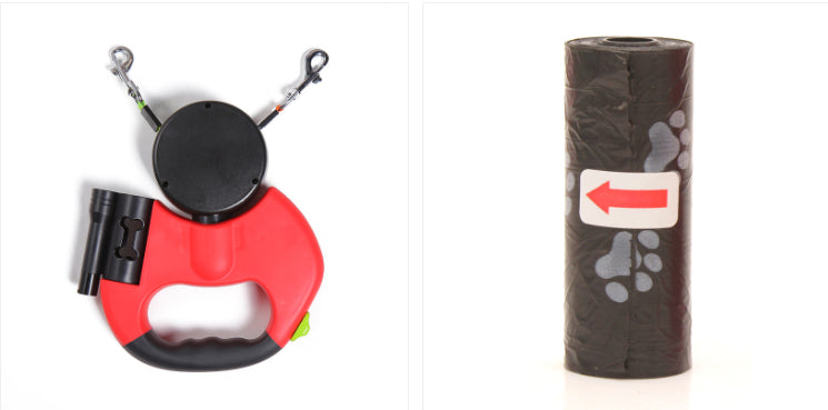 Red dual retractable dog leash with one waste-bag roll